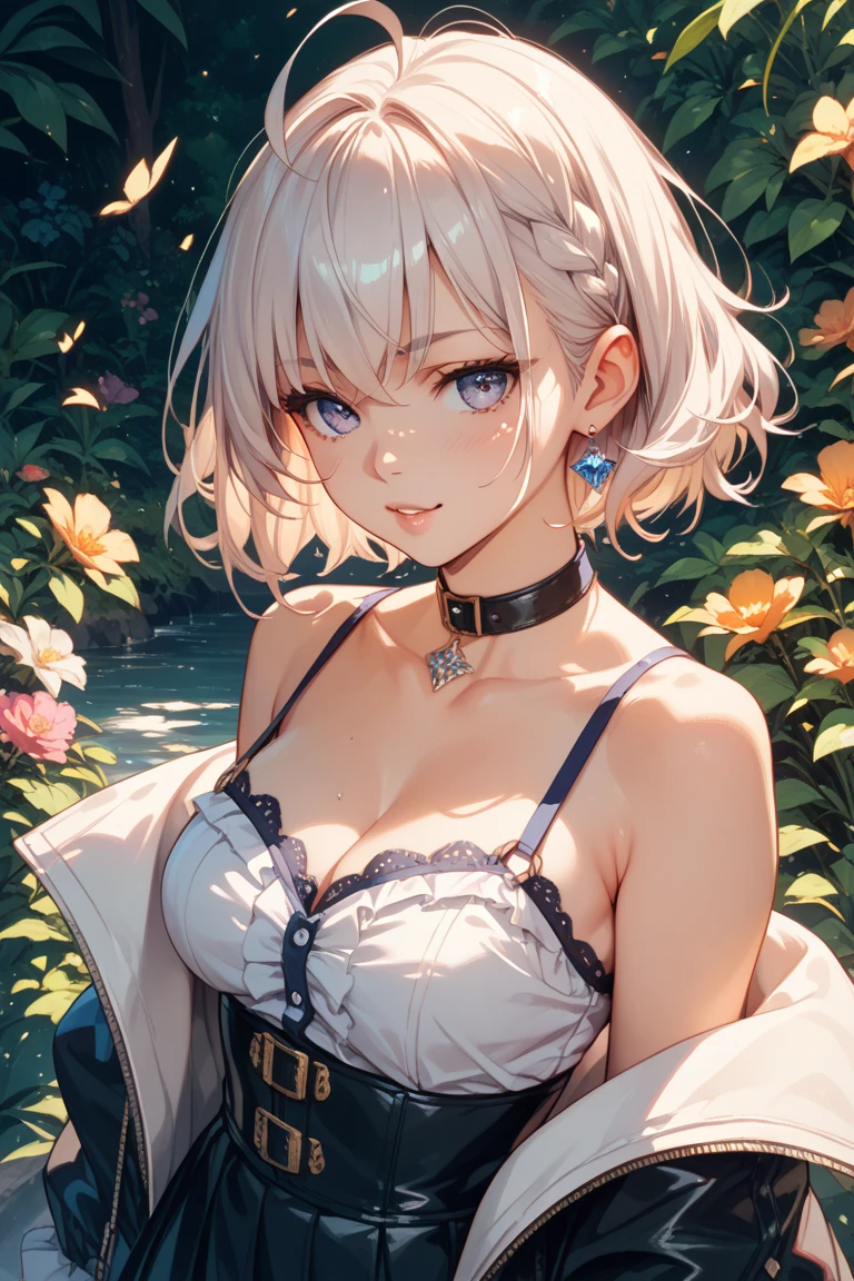 Masterpiece,Highest quality,8k,Ultra-high resolution,appropriate margins,lighting,Photograph the whole body,BREAK,(One woman),Very beautiful adult woman,Slim body,The richest big breasts,Biggest cleavage,Moisturized Skin,BREAK,(Silver Hair),,Forehead,mascara,Red eyeliner,Light pink lip,Thin teak,Thin eyebrows,BREAK,Light purple eyes,BREAK,Cute expression,Open your mouth a little,BREAK,short hair,Unshaven,BREAK,(one piece),(garden),BREAK,Eye contact