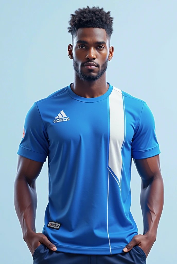 male cheerleading uniform colors: Navy blue, light blue and white shirt: short sleeve, hombros Navy blue
pecho blanco y azul claro
pantalón: semi holgado Navy blue