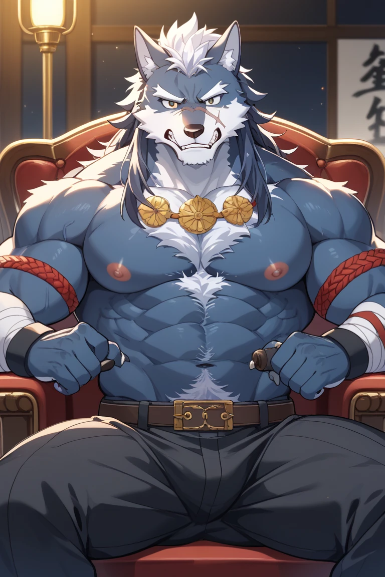 Create an image of a 23 year old boy, with light gray eyes, black fur, marked jaw, Eyebrows marked, muscular with tattoos, He is smoking a cigarette in a luxurious armchair and only has comfortable black pants.