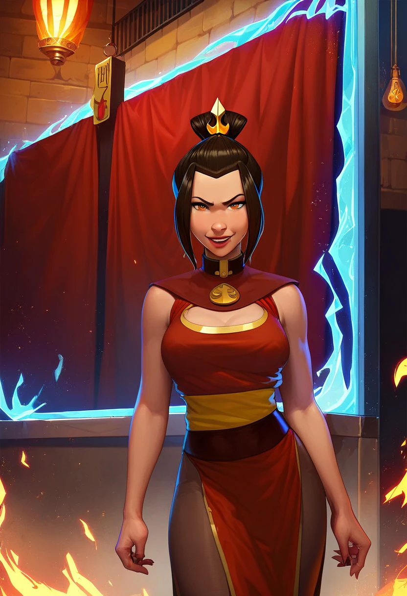 azula, dark skin, dark-skinned female, red long skirt, red top, fire, fighting pose, gold necklace, gold bracelets, gold forearms, barefoot, huge colossal hips, huge colossal ass, huge lips, massive colossal breast, tall and slender frame, highly detailed eyes, glowing yellow amber eyes, cleavage, highly detailed face, highly detailed skin, topknot, side bangs, side strands, black hair, acrobat movement, masterpiece 1.2, 4k, ultra high quality