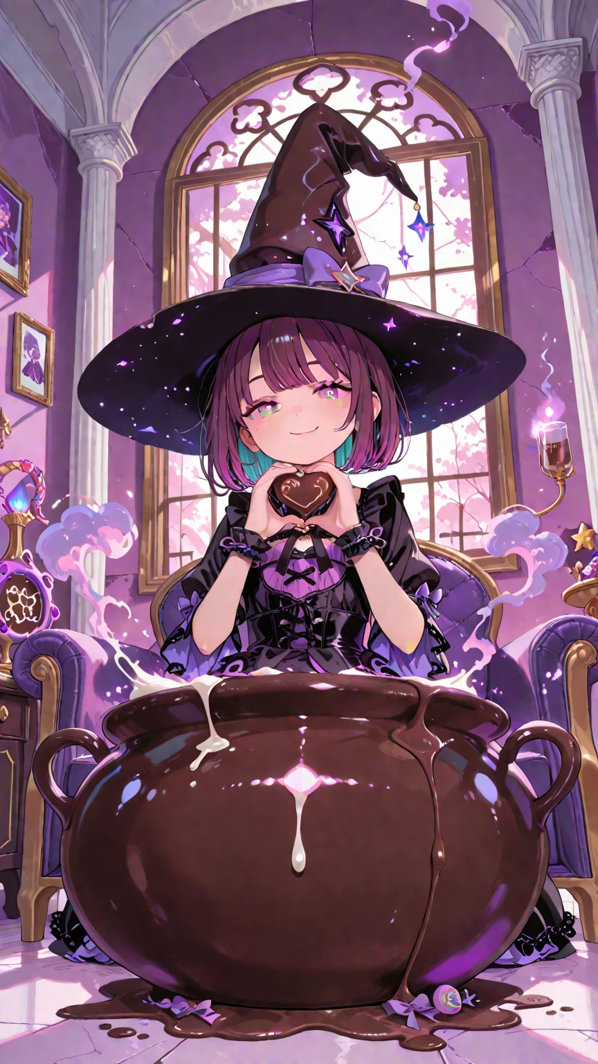 Theme: "The Chocolate Witch" - A reinterpretation of the witch from "Hansel and Gretel," themed around sweetness and poison.
Character:
Name/Title: "Lilibeth," the Chocolate Witch
Appearance: An alluringly beautiful woman in her early 20s. She has long, wavy, dark chocolate-colored hair and smooth, milk chocolate-colored skin.
Expression: An elegant and calm smile, but her eyes hold a malevolent, poisonous purple glow, which is the accent color.
Outfit: A gothic-style dress made from a glossy, bitter-chocolate-colored fabric, adorned with white-chocolate-colored lace and frills. Poisonous purple gems and ribbons are placed at her chest and cuffs as accents.
Pose: Lounging languidly in an ornate armchair. In one hand, she holds a teacup from which purple, magical smoke rises. Her other hand toys with a child's hat placed beside her, as if it were a cherished possession.
Composition:
Angle: A Dutch angle (slanted composition) to create a sense of unease and danger.
Visual Guidance: A trail of purple smoke (magic) rises from the witch's fingertips and flows towards a giant chocolate cauldron in the background, naturally guiding the viewer's eye.
Background and Setting:
Location: Inside the gingerbread house.
Interior: The walls are made of chocolate bars and the pillars of wafers, but a mold-like purple pattern creeps from the cracks in the walls, creating a space where sweetness and decay coexist.
Key Item: In the dim background, place a giant cauldron filled with bubbling, molten chocolate. For added effect, a child's tormented face momentarily appears on the surface.
Color and Lighting:
Main Color: A rich palette of browns reminiscent of various types of chocolate (bitter, milk, white).
Accent Color: A toxic, poisonous purple, symbolizing danger. Used for the witch's eyes, gems, magical smoke, and the mold on the walls.
Lighting: Warm, honey-colored light streams through a window, beautifully illuminating the witch. However, deep, purplish shadows fall at her feet a