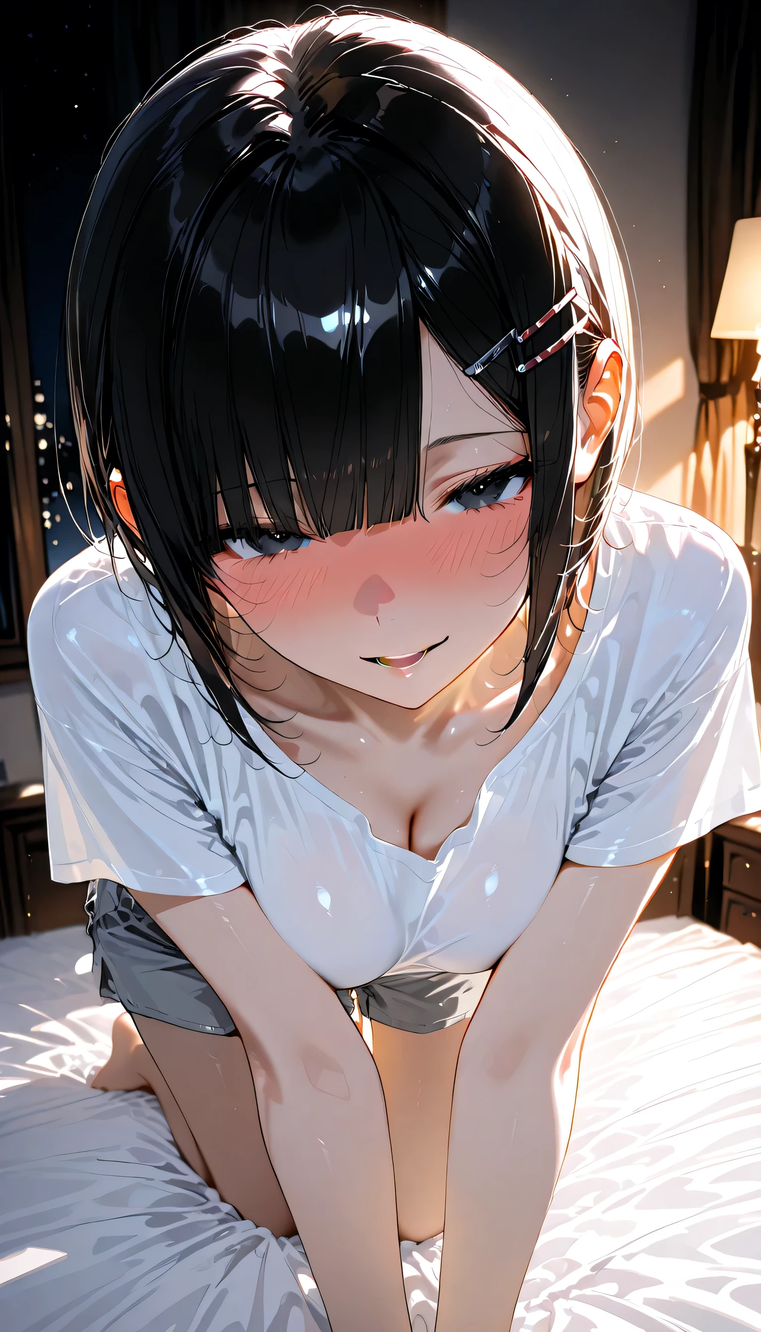 japanese modest girl,realistic anime,damaged unkempt hair,white t-shirt, gray sweat pants,large tareme,curvy,medium hair,at home,