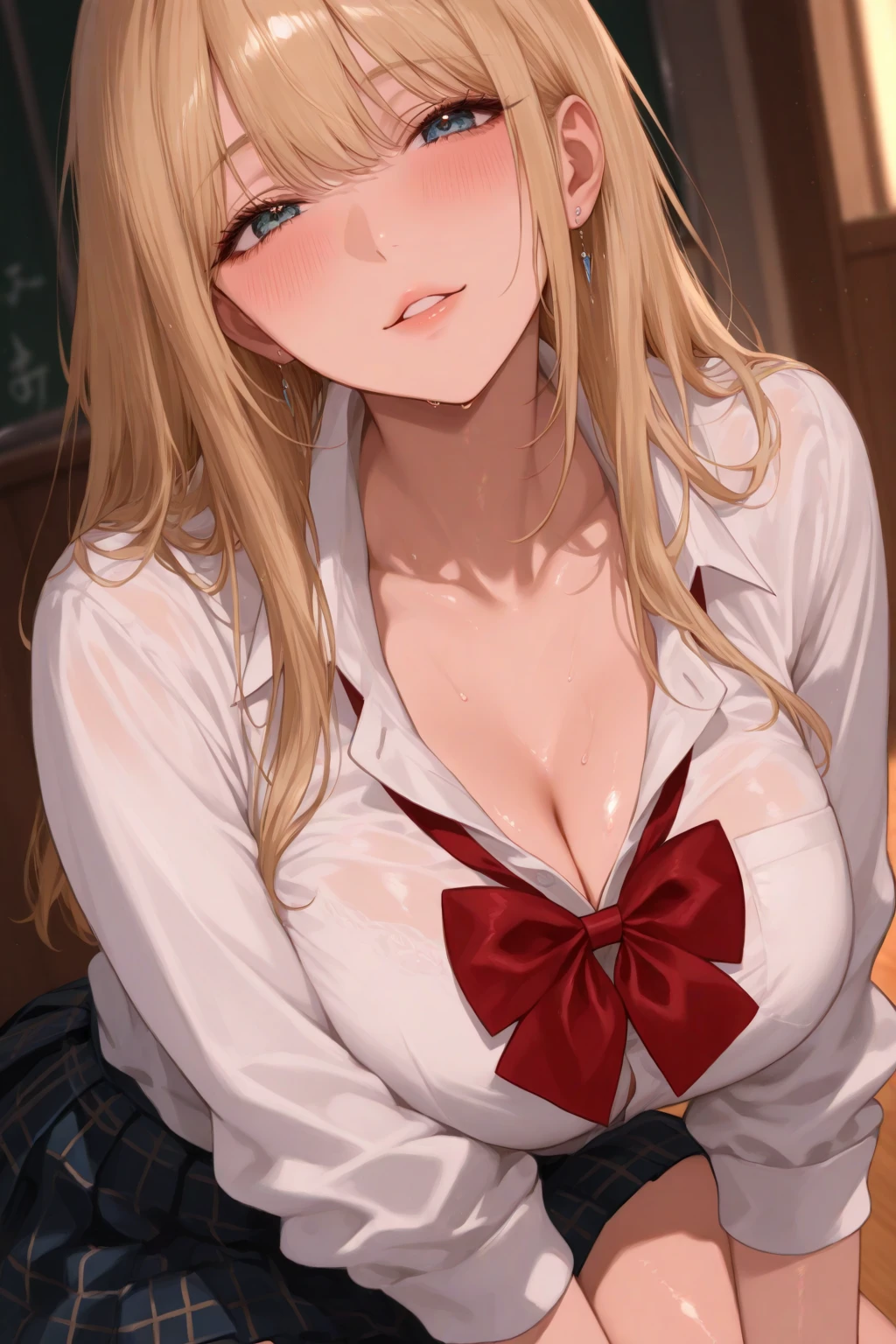 (masterpiece, best quality:1.2), looking at viewer, school uniform with tits coming out, (wavy hair:0.8), long blonde hair, red eyes, upper body, nipple visible, unbuttoned shirt, boobs coming out of shirt, nsfw