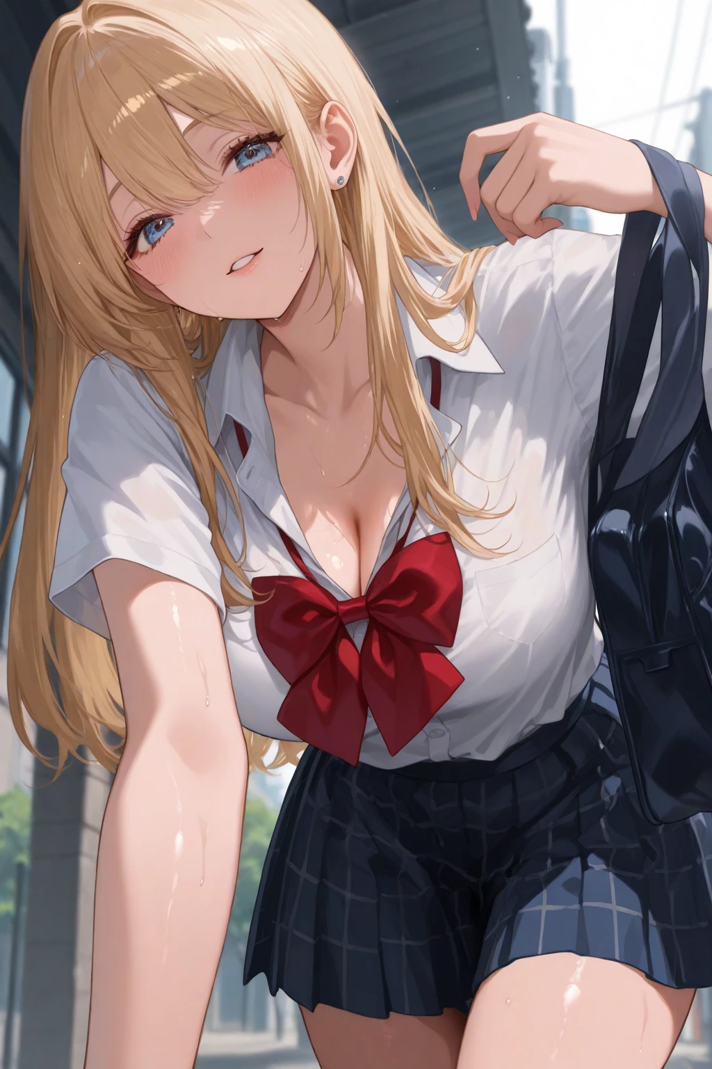 woman、 Age 25, Brown eyes, Shiny skin、Long brown hair, Wearing a white shirt, Big Breasts,Center View, High resolution, Ultra Sharp, 8K, masterpiece、Escalator in a shopping mall、Spread your legs、Spread your legs、Grin、Hunchback、((おteethをアピール))、おteeth、おteeth、Pleated skirt、The gesture of hiding pants、Leaning forward、(((Deep valley)))、Wet Panties、teeth、teeth、