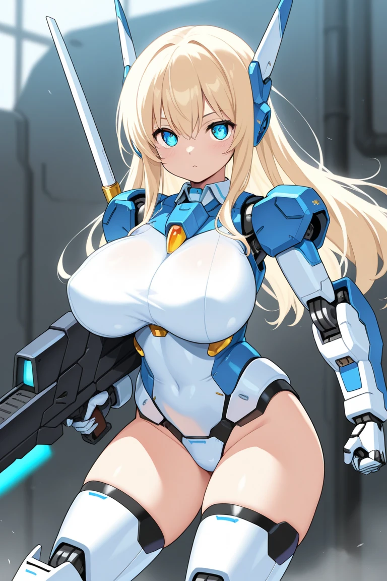 (((masterpiece))), (((best quality))), ((ultra-detailed)), (illustration), ((an extremely delicate and beautiful)), ((super detail)), ((high resolution)), (((20 years old))), metallic cloth, (maid), (android), delicate metal decorations, gleaming skin, shiny body, two legs, breast focus, (((tall))), slender legs, ((big round eyes)), cute eyes, drooping eyes, ((adult)), two hands, five fingers, no extra hands, elegant smile, braid, ((metallic blue)), (see-through), (dark blonde), (ultra-huge breasts), (shining brightly), outdoor, mini skirt, daytime, ((biopunk)), ((hair shorter than shoulder)), medium length hair, gynoid,