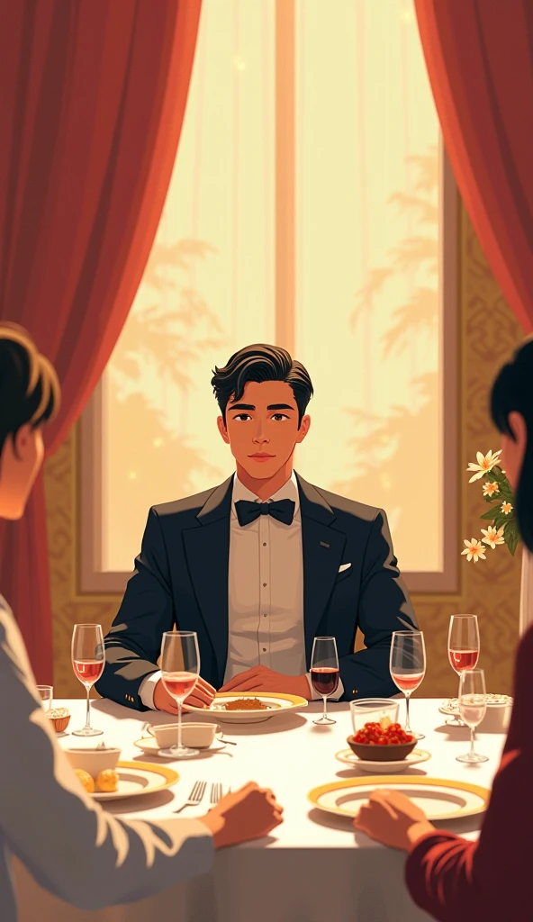 Anime character, UP close-up of Manly Man, usando um blazer vermelho elegante, no meio de uma festa de gala medieval, glass of wine in hand. Centenas de Pessoas conversando, eating and dancing in the background