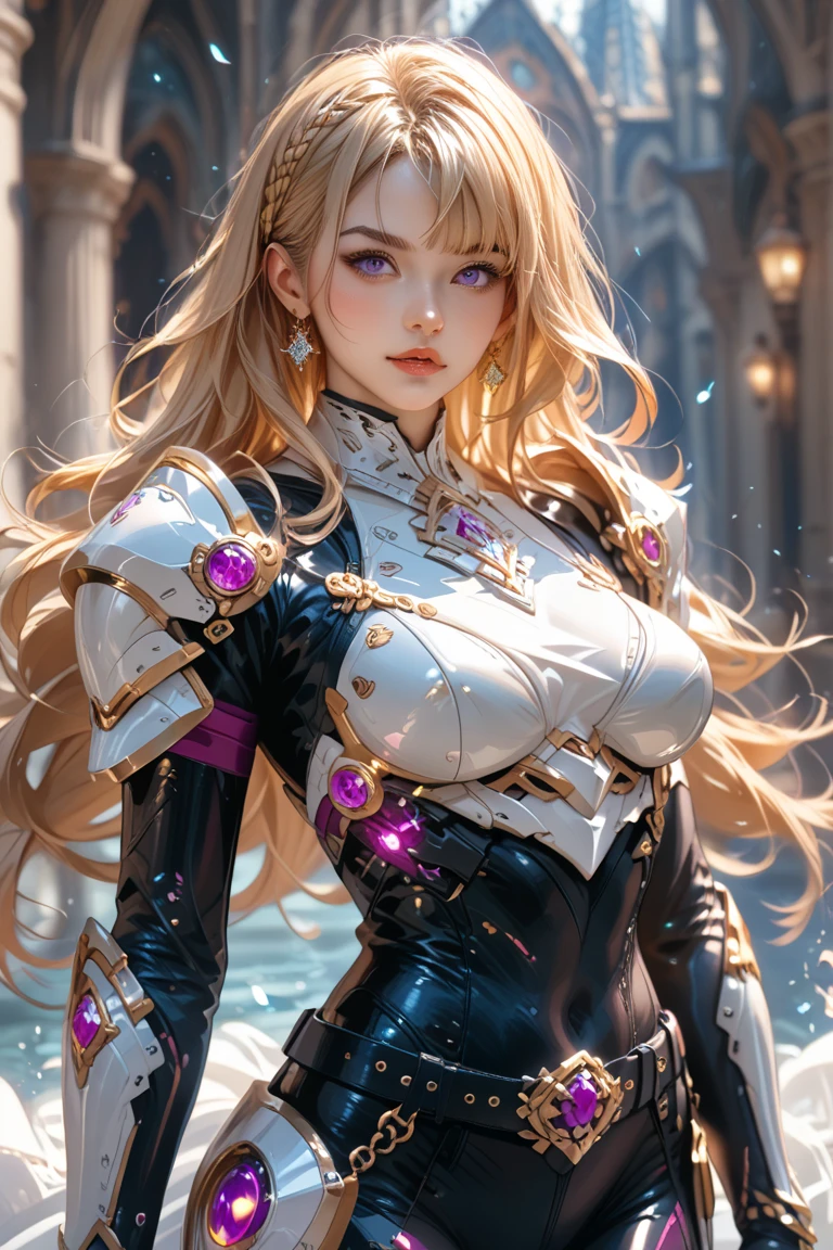 1girl, detailed skin, ultra realistic, 8k cg, picture-perfect face, flawless, clean, masterpiece, professional artwork, famous artwork, cinematic lighting, cinematic bloom, ((beautiful eyes)), intricate iris, (perfect hands:1.3), (extremely detailed background), ((dynamic background)), beautiful detailed girl, beautiful detailed nose, light on face, looking at viewer,<lora:GoodHands-vanilla:1.5>, <lora:more_details:0.4>, <lora:lux_v1:0.3> , (lux1:1.2), long hair, (hair band), armor, breastplate, bodysuit, white gloves, boobplate,