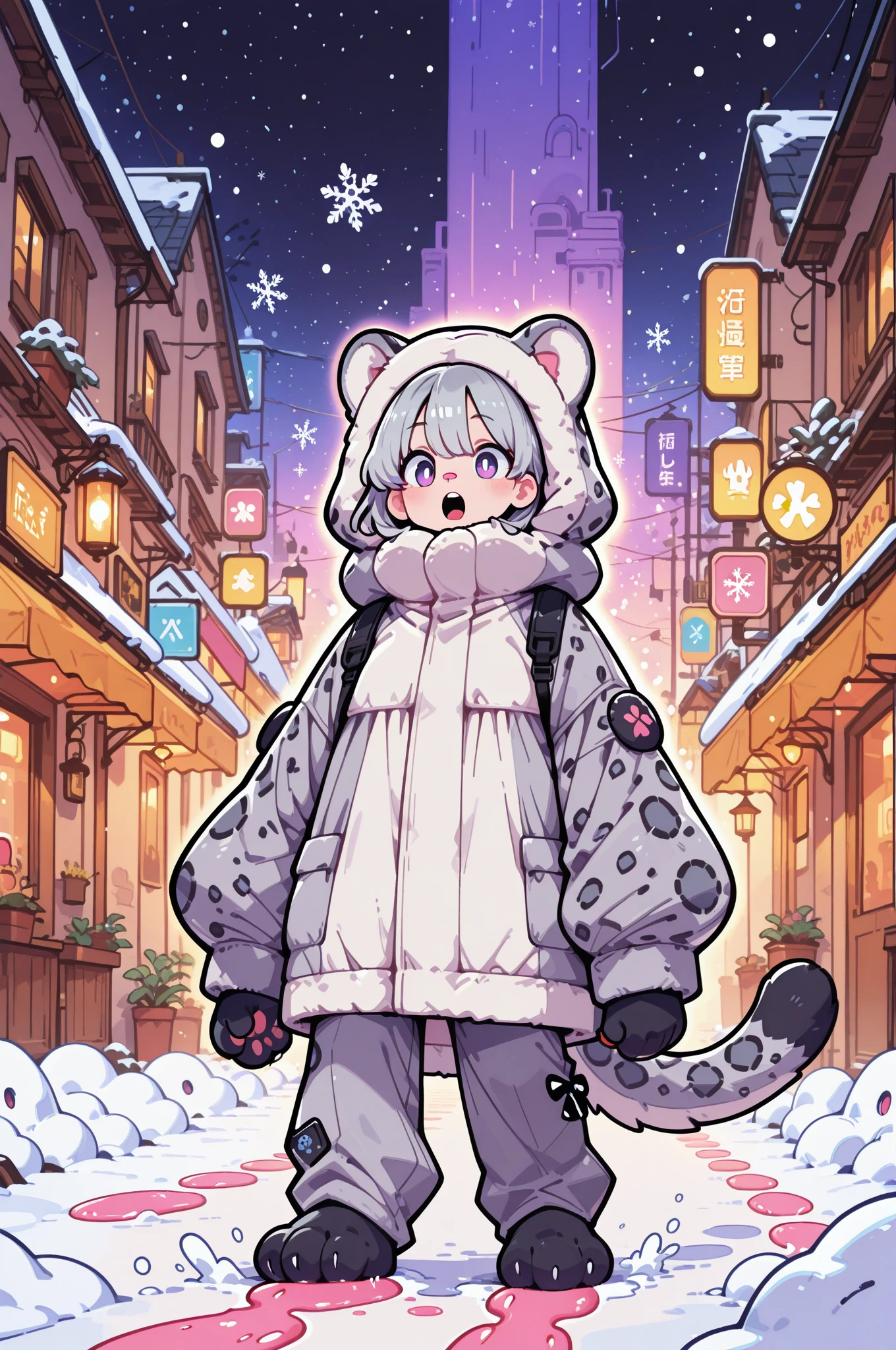The oversized playful snow leopard costume worn by women is vividly drawn with attention to detail, The white base is decorated with black and gray rosettes imitating a snow leopard fur pattern. Large footprints showing black paws are drawn on the hands of the costume, arranged as if they were playfully stroking the viewer. A woman's face peeking through the open mouth of the costume, White teeth and pink nose, It's designed to capture the essence of wild animals. The background is lively and colorful, reminds me of a bustling city square at night, It's illuminated by bright lights and signs. snowflakes gently fluttering down, adds a magical winter vibe to the scene. The atmosphere is vibrant and festive, A blurry figure wearing a coat passes by, It reminds me of a cold yet cheerful outdoor night.