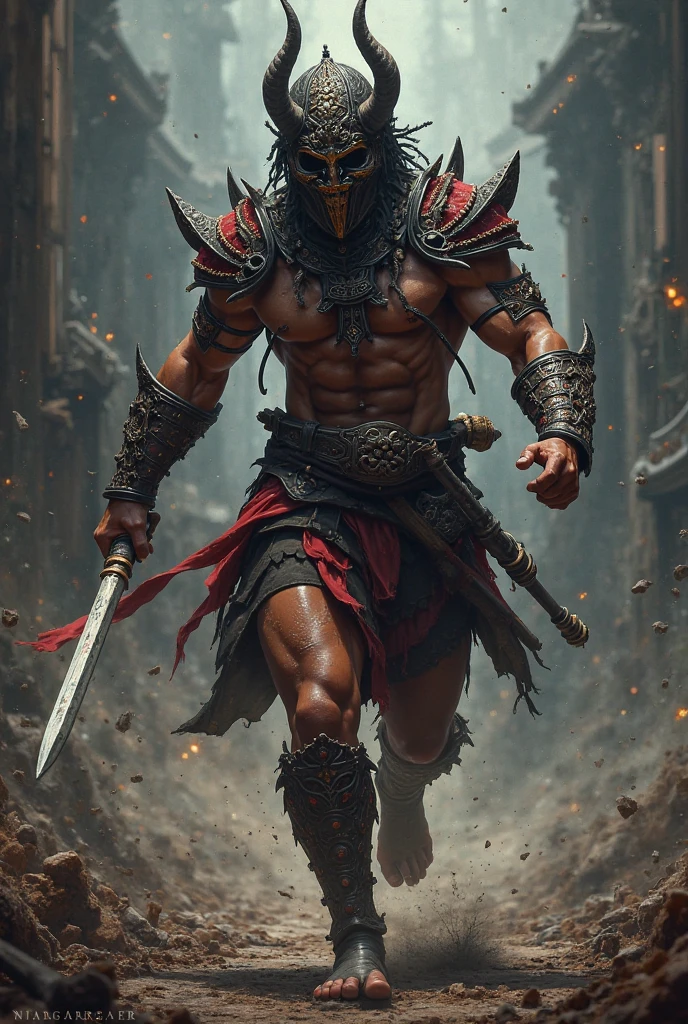 A ancient warrior of Mahabharat wearing a face mask, after winning a war coming out with multiple wounds on him with blood pouring out of his body and blood pouring out with guns and swords on his back ..
He is the only one left in the battlefield of kurukshetra and has many Dead bodies in the background