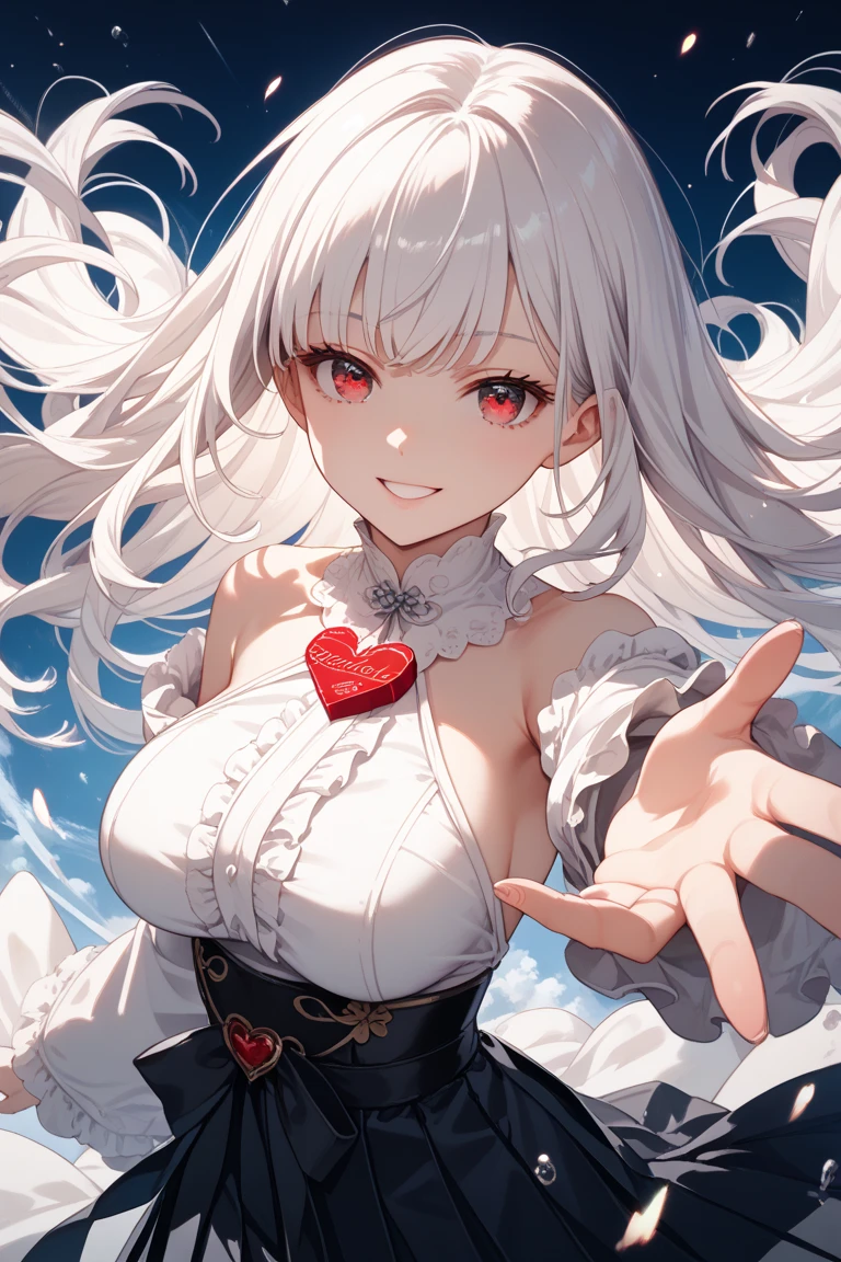 detectivesiesta, Smile, Short hair, Bangs, Blue eyes, Shirt, Hair Ornament, Long sleeves, Dress, Bow, White hair, hair clips, Blunt bangs, bowtie, Red bow, X Hair Ornament, red bowtie, siesta, (medium breasts⁩:1.2), BREAK looking at viewer, BREAK outside, BREAK (masutepiece:1.2), Best Quality, High resolution, Unity 8k壁纸, (Illustration:0.8), (Beautiful detailed eyes:1.6), extra detailed face, Perfect Lighting, extremely details CG, (Perfect hands, Perfect Anatomy),((((Dramatic)))、(((gritty)))、(((vehement)))Movie poster featuring a young woman as the main character。She stands confidently in the center of the poster.、Wear stylish and edgy outfits、I have a determined look on my face。The background is dark and rough、Makes you feel danger and strength。Text is bold and attention-grabbing、Has a catchy tagline that adds to the overall sense of drama and excitement。The color palette is predominantly bright、There are splashes of bright colors、It gives the poster a dynamic and visually striking look。 (magazine:1.3), (cover-style:1.3), Fashionable, femele, with a vibrant, outfits, the pose, the front, Colorful, Dynamic, Background with, element, I'm confident, expresive, ngel, statement, accessorized, An majestic, coiled, surroundings, Touch, The scene, Texto, covers, It's bold, captures the attention, Titles, Stylish, Font, Catchy, headline, The large, Impressive, moderno, Trendy, lo fashion,shorth hair、Bob Hair、White hair、bright light blue eyes