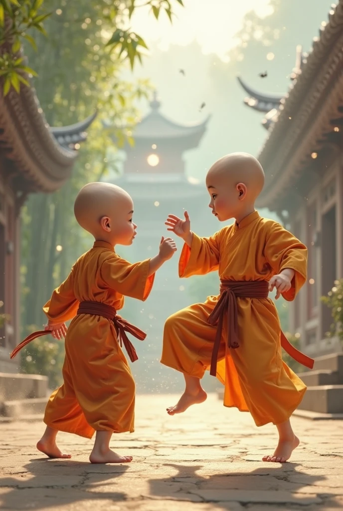 A cute little monk of three years old，largeeyes，bald-headed。 Wear a monk's robe and fold your hands，Round face，Slave eyelids，Happy smile，Stand on the steps，Background temple，Impeccable，Need，high light，A high resolution，white  clothes --auto