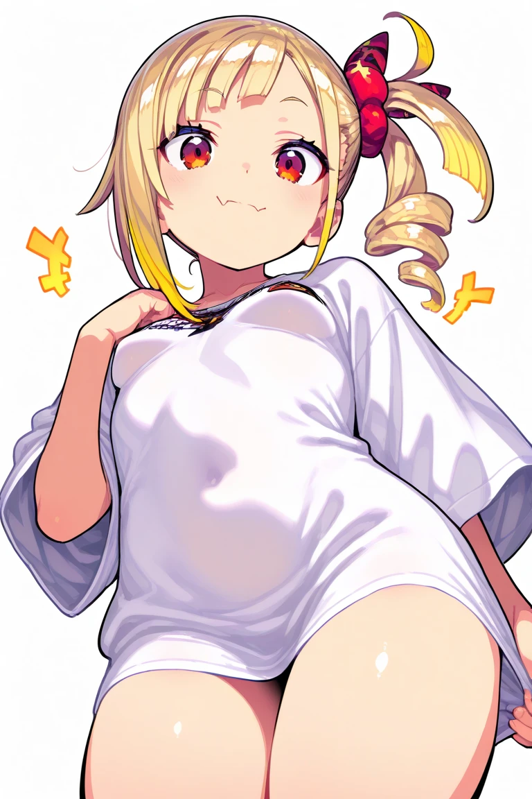((masterpiece))((Highest quality))girl、Laughing with your mouth open、blush、Flat Chest、Are thin、Blonde Hair、blush、Are standing、Whole body image、Eye level on face、、No background、Hair is two colors、Twin tails、Red Eyes、Two-tone red and yellow hair、Completely naked、Greeting with pussy