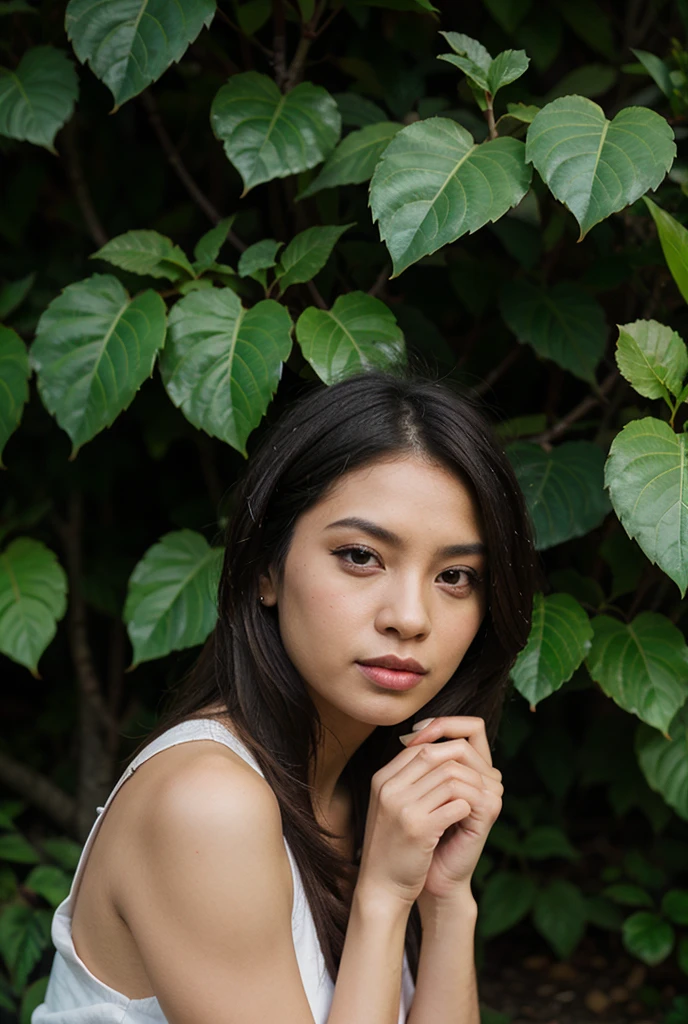 aerial Perspective, professional photography, RAW photo taken using Fujifilm Provia 400X, HD, HDR, detailed texture, Natural skin, vivid colors, 1girl, From below, Asia, Mysterious Forest, looking at viewer,