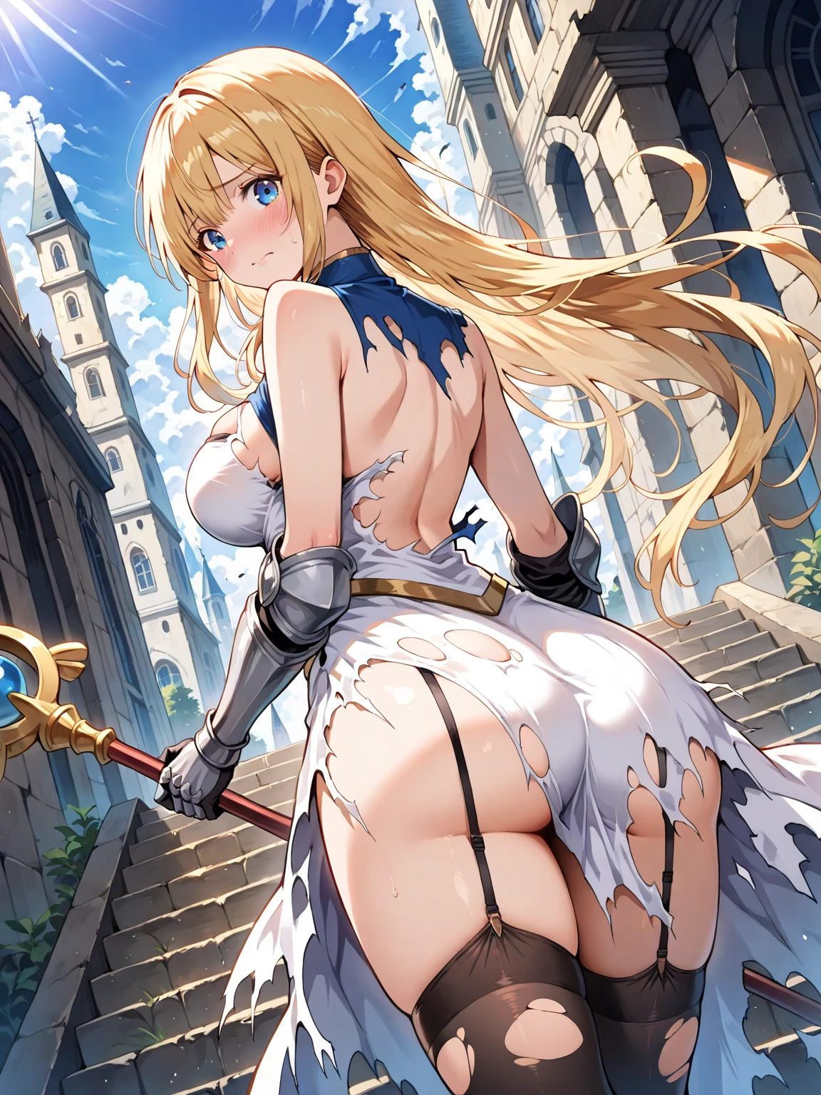 Browsing Caution,Sensual, Long blonde hair, Thick thighs, 8k, 4K, Highest quality, (High resolution:1.6), Cute anime face, Noise Reduction,short hair,Flaxen Hair、 (Sparkling Blue Eyes, A kind smile:1.3, Kind eyes:1.3)、Young Face, Anime Eyes, Asheria、(Equipped with a shield on the left arm:1.5)、(SFW Giant:1.9)、Large areola, Puffy nipples:1.3、Long tights、Knee-high boots、(garter belt:1.5)、Beautiful Hands、Beautiful fingers、(High cut thong:1.5),squat, Spread your legs, Listen to me,listen don&#39;t, Angel Mort Uniform, thighhighs, bare shoulders, detached sleeves, leotard, waitress