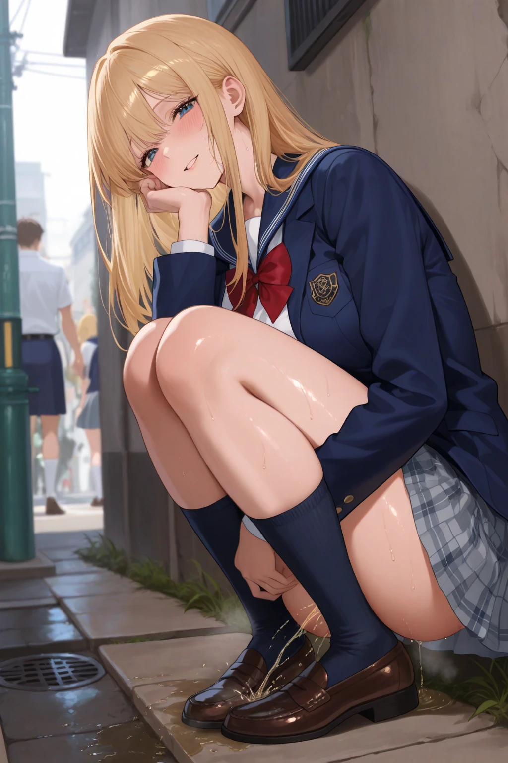 Mahirsha, Mahiru Shiina, blonde hair, (brown eyes:1.7), long hair, (smile)、(big breasts)、(spread your legs), (((pubic hair))), break ブレザー, bow, bowtie, collar, collared shirt, Jacket, Plaid, Plaid skirt, pleated skirt, red bow, red bowtie, school uniform, shirt, shoes, skirt, break looking at viewer, whole body, break ((snow mountain))、(in the forest)、Blizzard、break (masterpiece:1.2), highest quality, High resolution, unity 8k wallpaper, (shape:0.8), (beautiful and detailed eyes:1.6), highly detailed face, perfect lighting, Very detailed CG, (perfect hands, perfect anatomy),