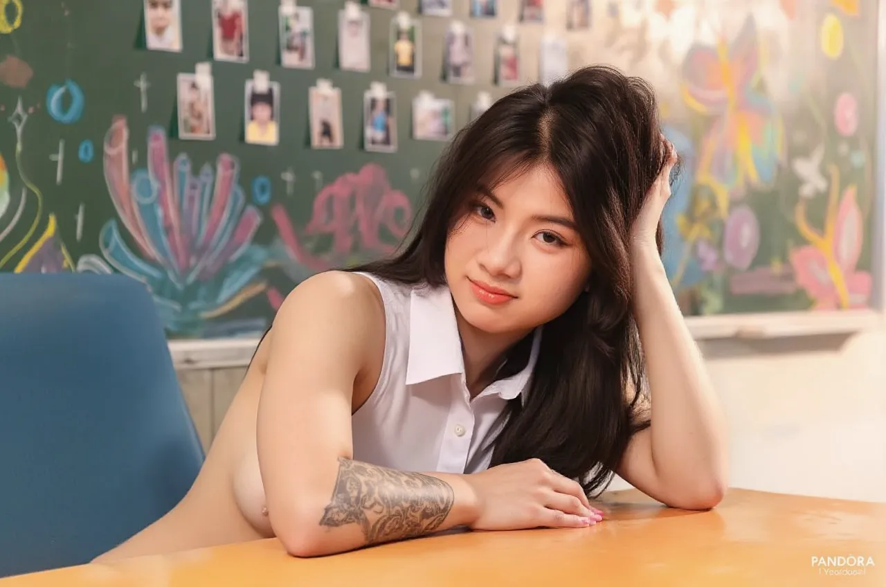 ultra photorealistic portrait of a nude Thai high school student, (16 years old:1.4), (nude:1.4), girl, 5'6", slim face, slim body, large 34C symmetrical breasts, nice smile, straight black hair, bright hazel eyes with luscious mascara and long eyelashes, bending over a desk in a classroom, 35mm Canon R5 with a portrait lens.