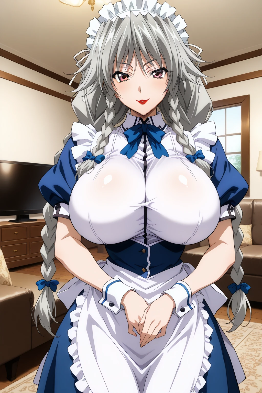 best quality, (8k), (4K),(masterpiece), (best quality), Extremely detailed, Game CG, Wheels within wheels, Super detailed, illustration, Beautiful Body,Beautiful nose,Beautiful character design, Perfect eyes, Perfect face,
(1 Girl:1.2), (portrait:1.3), indoors, (teacher), milf, (Mature female:1.3)
permanent, Shut up, Large Breasts, Looking at the audience, Very long hair, High Ponytail, Smile, white hair, blue eyes, White underwear,white lace,white bra, white underwear, white lingerie, Slim sexy body, full body