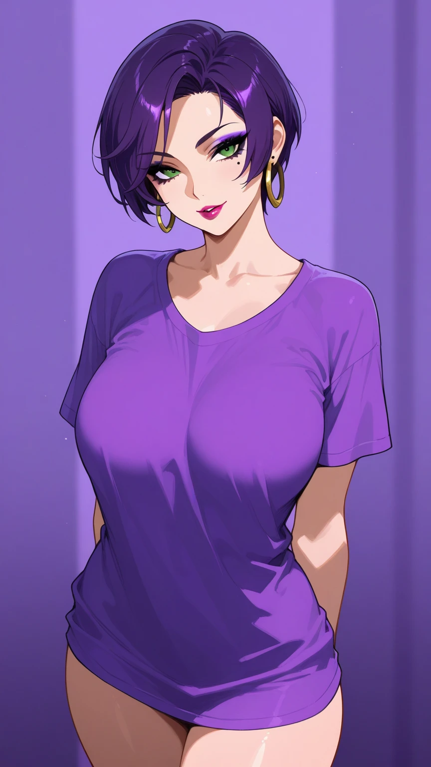 purple blue hair, black colored dress, green eyes, gigantic breasts, cleavage, bare legs, smiling