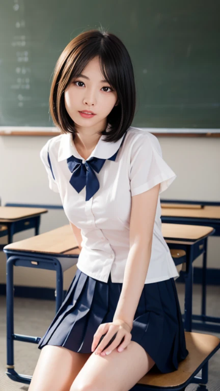 (8k, Photorealistic, Raw photo, Highest quality: 1.4),Japanese idol-style beautiful girl,1 person,17 years old,Hairstyle(Short Bob,Black,Disarray),She has her hair tucked behind her ears,Large, clear grey eyes,Long eyelashes,Plump Cheeks,Thin and delicate shoulders,Cute Bra,thin abdomen,Open shirt(Unbutton the front and open it completely :1.4,Hemming out),(Pleated skirt),School classroom,(Sit on a chair(Legs wide open :1.95,Hands between legs,slouch)),(View from below),Full body portrait