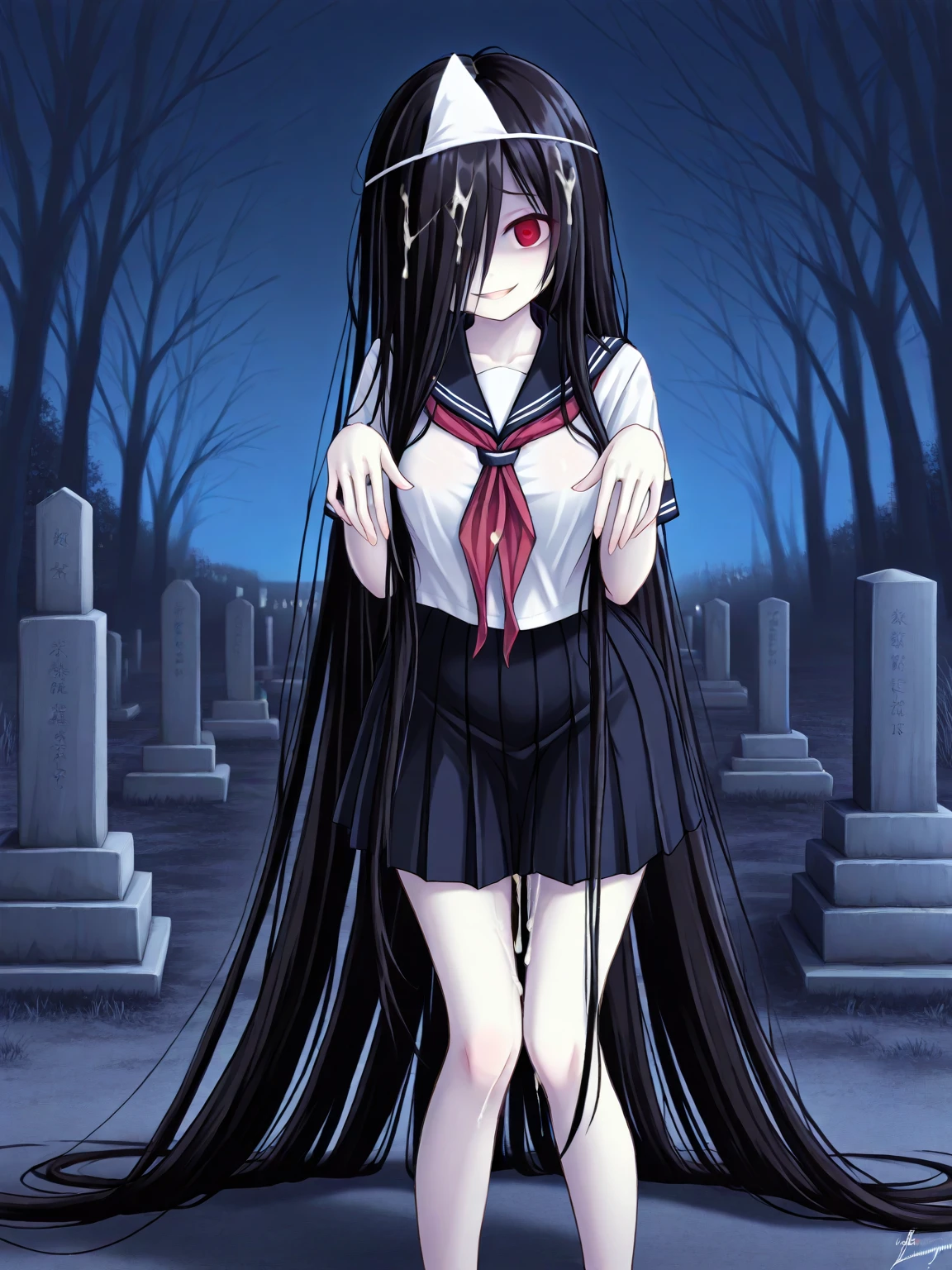 (masterpiece), red eyes, long hair, graveyard background <lora:ramiyaryou1:1>