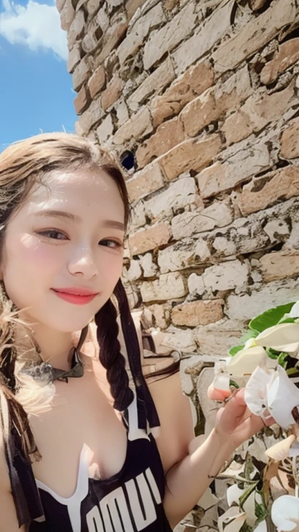1girl, solo,dress, blonde hair, green eyes, braid, white dress, outstretched hand, outdoors, looking at viewer, cloud, bare shoulders, sky, smile, wind