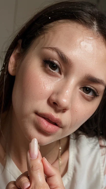 Waiting woman splashed on the face. cumshot. milk on the face. Latin woman