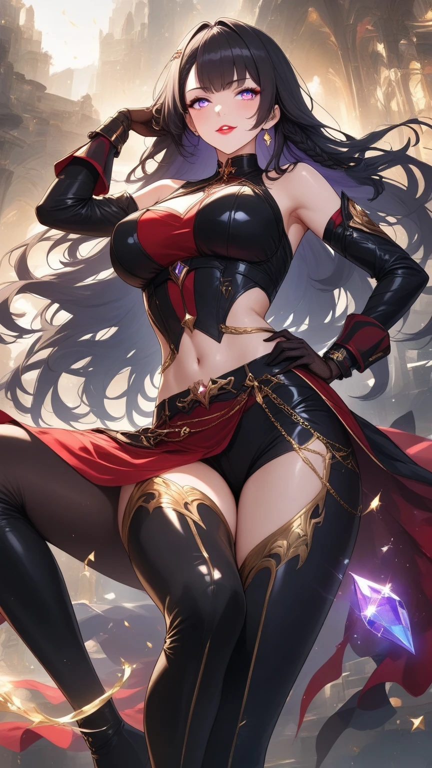 1 girl, red-purple hair, very long hair, violet eyes, beautiful eyes, big eyes, big lips, glossy lips, very curvy body, big breasts, long legs, big butt, wide hips, thick thights, defined image, seductive gaze, villan, villan costume, evil