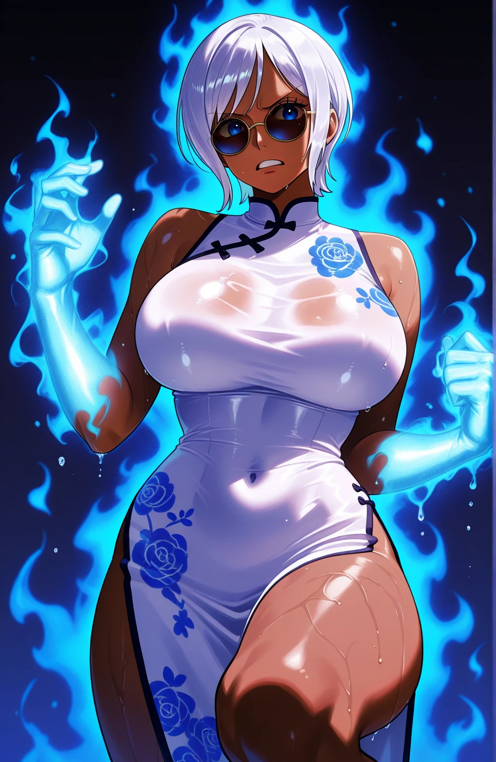 （masterpiece:1.2, Highest quality), (Highly detailed face, The real picture, Delicate skin tone, realistic skin, Realistic body,woman１，Authentic nude with exquisite detail，（Micro Bikini:1.6），Bright silver hair,Messy Hair,Punk Rock Hair，boyish，Long eyelashes，expensive，巨大なCleavage，Large Breasts，Super huge erect nipples pose，Big Hips, Thick breastplate, Beautiful legs, Narrow waist，Pussy，Clearware，Whitening the skin，((Spread your legs wide、Spread your legs wide、Squat、Sticking out tongue:1.2,Open your mouth vertically:1.2,Very thick thighs,)),  ((Cleavage, Micro Bikini:1.6,)), Captivating smile, (From below),((Sweaty smell:1.5、Sweaty:1.5、vapor:1.5、steam:1.5)), (Dirty little underwear:1.2),Place your hands behind your head.:1.5