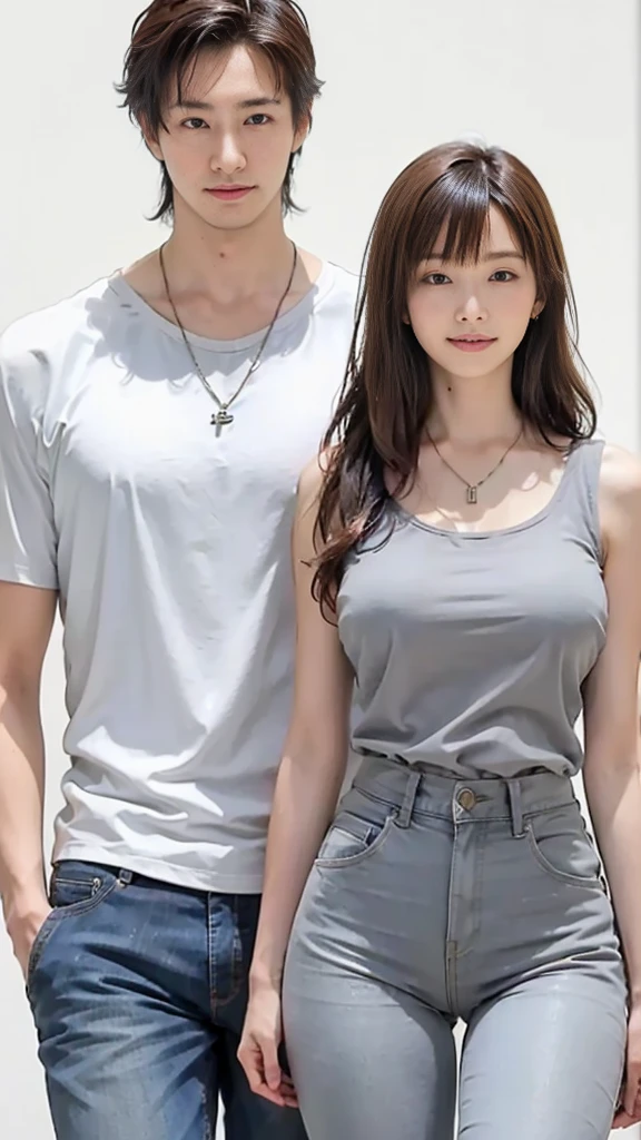 high resolution Seaside Japanese Male and female couple Older men Men have gray hair The man has visible abdominal muscles Men with lots of abdominal muscles are cool Cool Women are young Black Hair cute Stylish The woman is wearing a tank top