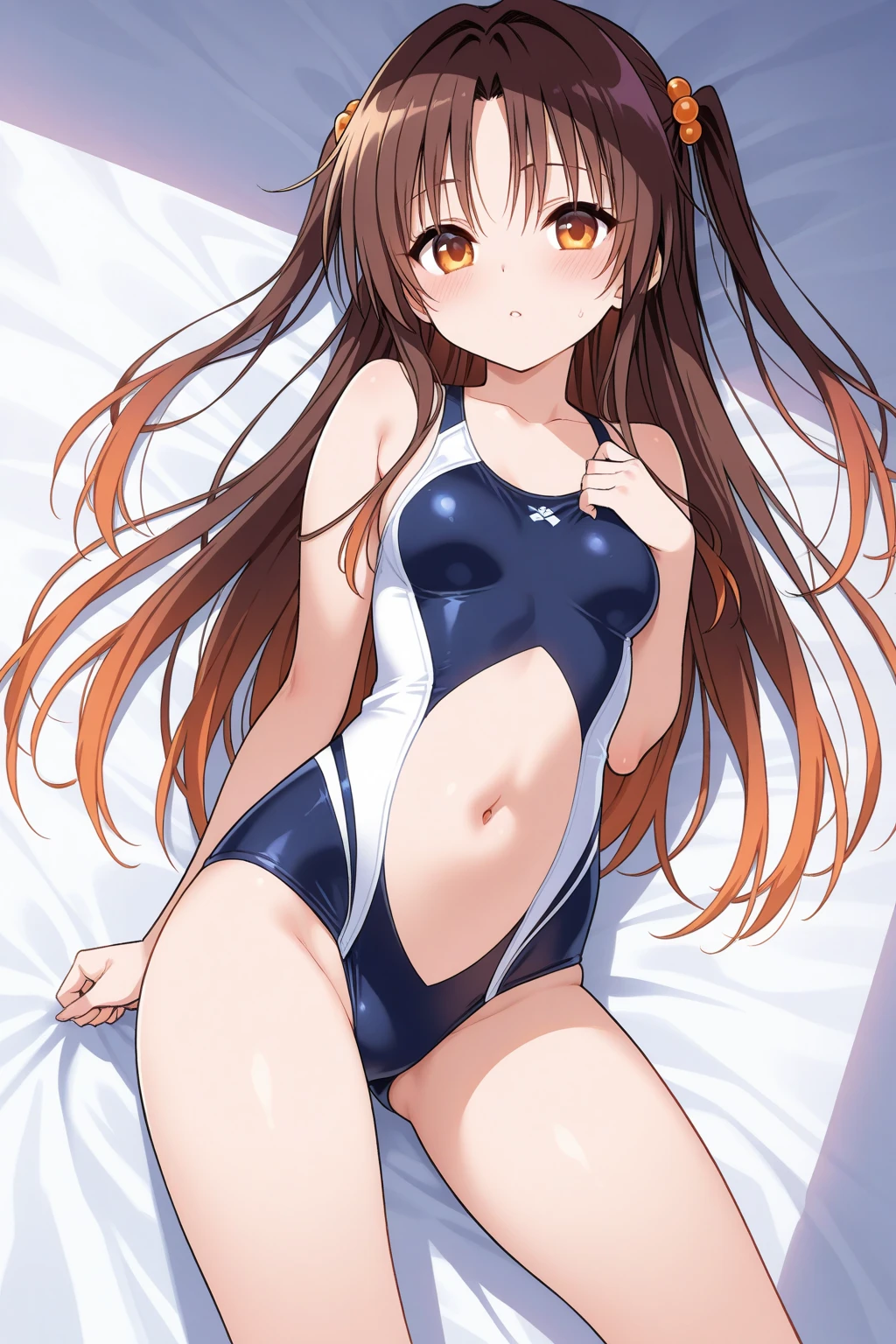 (hoshino_bluearchive), 1 girl, looking at the viewer,heterochromia,blush,half closed eyes,(fingersmile),(dark blue school swimsuit:1.3),(upper body:1.3),open mouth, embarrassed ,blush,(spread legs:1.3),(legs up),(cameltoe:1.3),top-quality,Top image quality,perfect anatomy,masterpiece,ultra-detailliert,Beautiful,ultra-quality, best quality,high resolution, ultra-detailed,game cg,dutch angle ,beautiful detailed eyes,visualart,five fingers, perfect hands, perfect lighting,