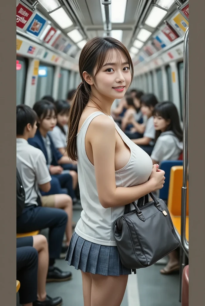 ( highest quality:1.2), 8k, official art, RAW photo, The front of the uniform is open、Commuting to school風景、beautiful breastsはthinです、incredibly ridiculous, (11 year old beautiful girl:1.5), cute face, looking at the viewer, film grain, chromatic aberration, sharp focus, face light, dynamic lighting, cinematic lighting, Eye and face details, background bokeh,(2girl with a name、Commuting to school、both chest exposed、Topless、chest exposed、check skirt、thin、beautiful breasts、exposed nipples、I can see your belly button、daytime、baby face、big smile、The whole body glows:1.5)