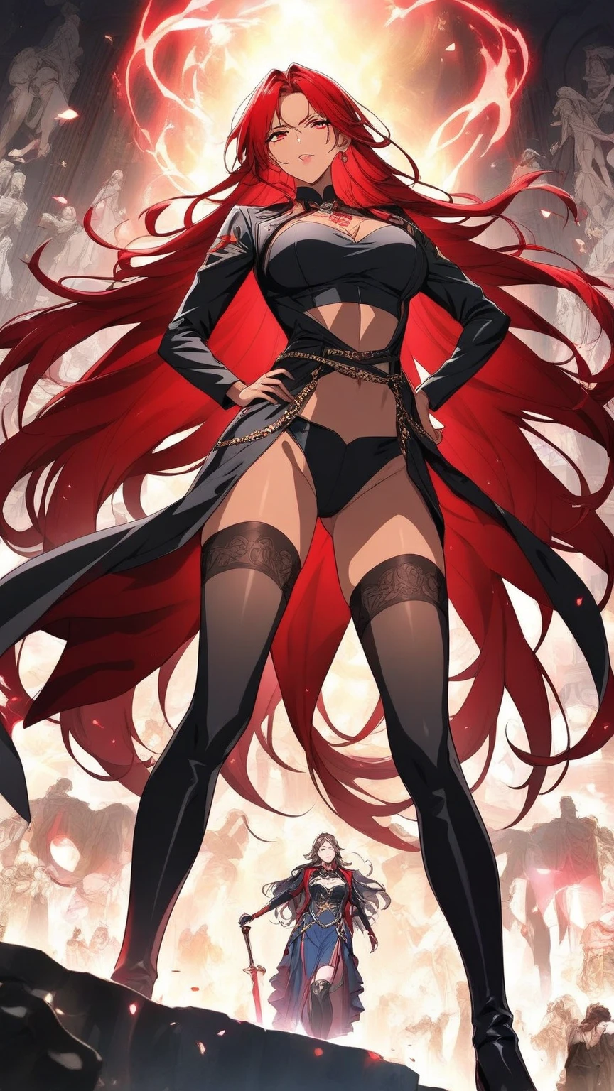 Female, alone, paladin of light, human, light powers, expert fighter, red hair, detailed eyes, beautifull face, long hair, defined body, yellow and bright eyes, thick legs, strong legs, tall, Voluptuous legs, black armor, palading black armor, huge ass, big hip, big ass,  wearing black coat, black and red robes, detailed eyes, big hips, thick body type, tall