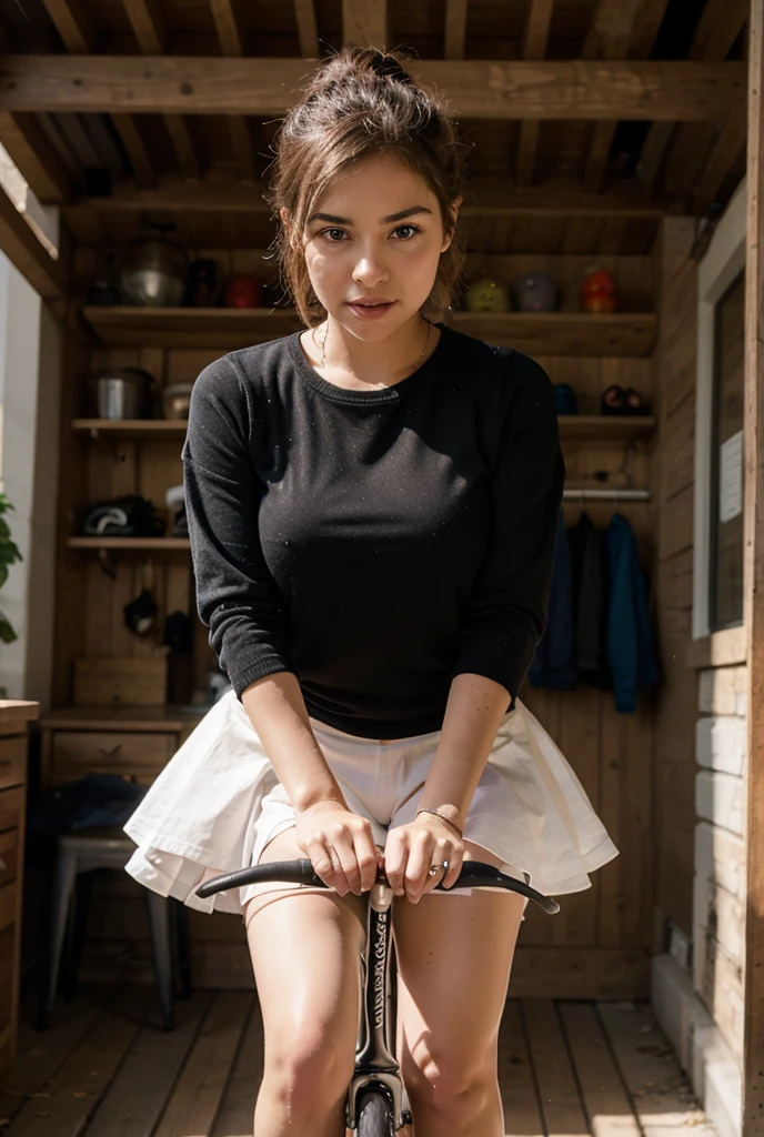 ((Best quality)), ((masterpiece)), (detailed), perfect face, obedient expression, side view, side boob, bitgag, Young, nubile girl, wearing a ripped red sweater croptop, wearing ripped jean shorts, wearing collar and leash, leashed to a chair, barefoot, hands behind back, kneeling at a man's feet, in a house