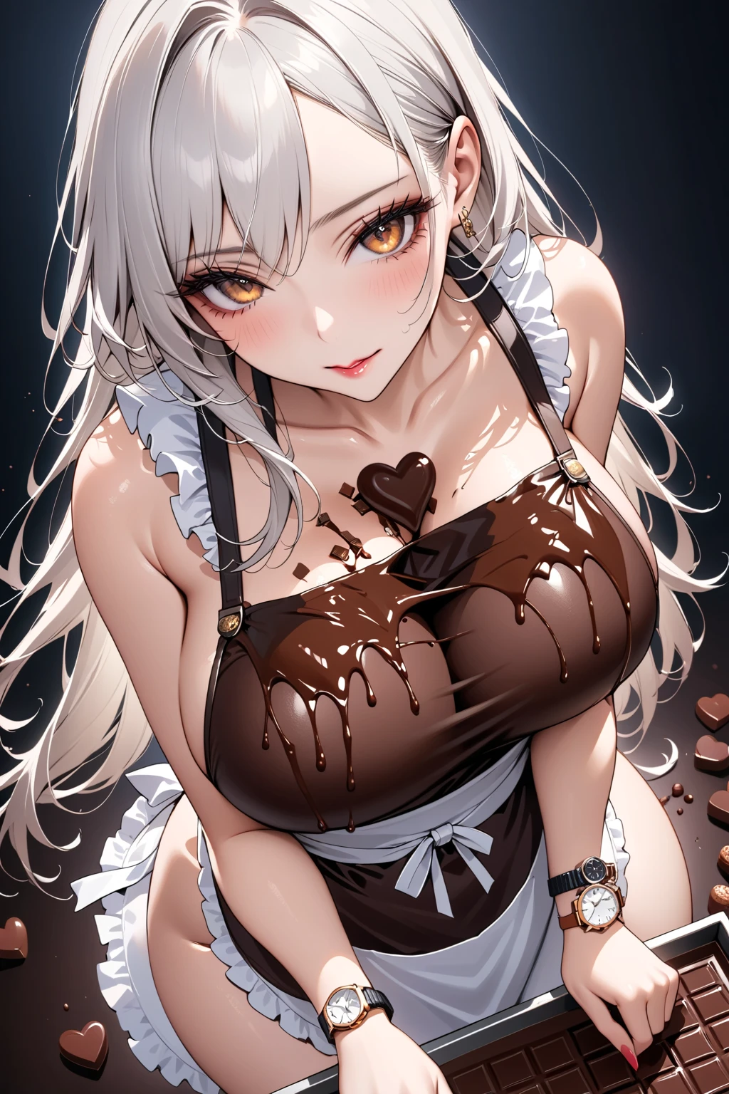 Cute , Tanned skin , Sexy  , Bedroom , beutiful breast,（girl bathing in melted chocolate, dripping chocolate, Muddy:1.8）