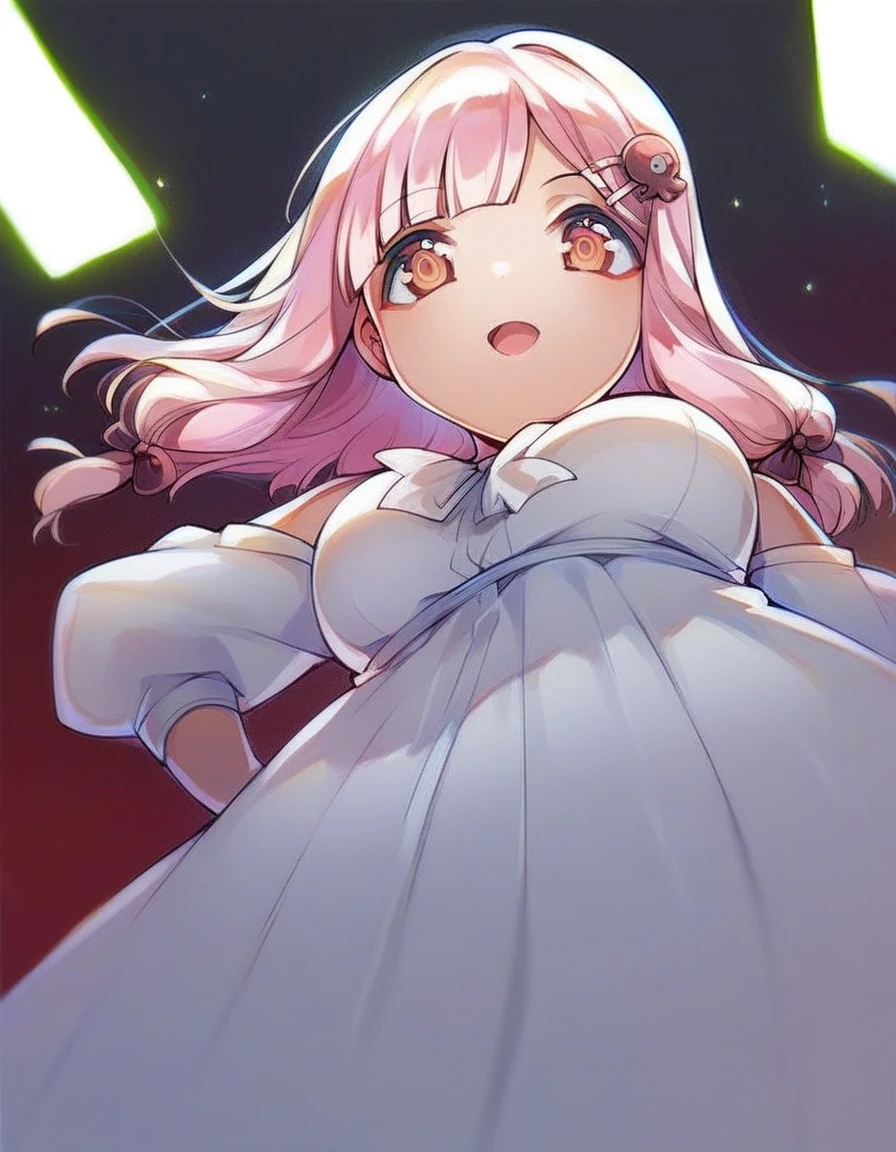 chikafujiwara, chika fujiwara, long hair, bangs, blue eyes, bow, pink hair, (hair bow:1.2), blunt bangs, black bow, smile, open mouth, BREAK naked body, visible breasts, beautiful pose, looking at viewer, (cowboy shot:1.5), BREAK (masterpiece:1.2), best quality, high resolution, unity 8k wallpaper, (illustration:0.8), (beautiful detailed eyes:1.6), extremely detailed face, perfect lighting, extremely detailed CG, (perfect hands, perfect anatomy)