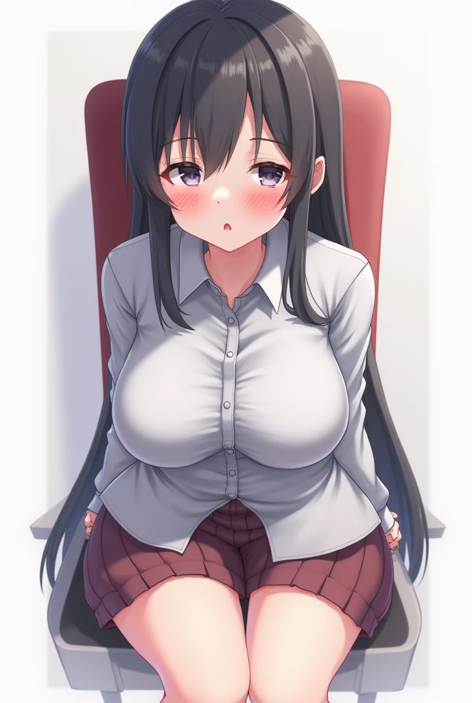 (masterpice, best quality, high quality, highres:1.2), anime, extremely detailed, detailed skin, 4K, 1girl, solo, sitting, black hair, long hair, cat ears, cat tail, cat girl, cat eyes, lime green eyes, slit pupils, smirking, cheeky, excited, looking at viewer, closed mouth, fang, huge oversized t-shirt, cleavage, no pants, ((gigantic breasts:0.8)), indoors, bed, sitting bow legged