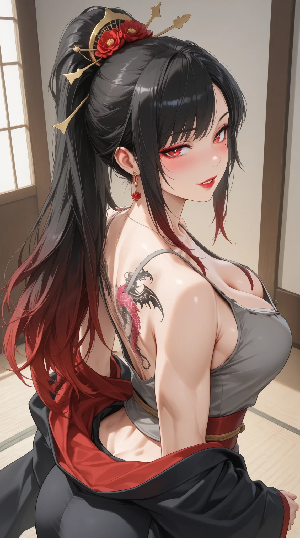 finest image, portrait, Japanese style painting, looking back, female, sexy, beautiful, cute, blue mysterious sharp slit eyes, white glossy braided bangs ponytail hair, red alluring moist lips, amorous expression, lewd expression, ecstasy, orgasm, Japanese carving tattoo all over the back, sitting, armpit, abs, huge breasts, under , side , great proportion, background brilliant royal palace, professional lighting