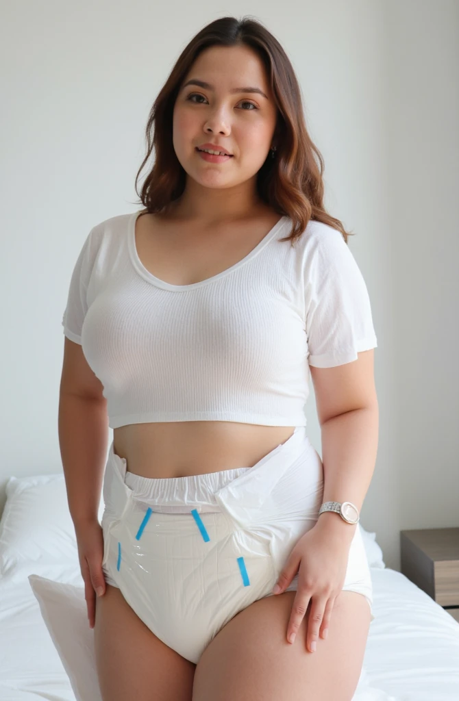 masterpiece, best quality, ultra-detailed, illustration, indonesian hijab, 1 women, horny face,, medium round breast, forward chest, curvy body, fatty stomach, looking at viewer, best quality, (closed mouth, sad smile), beautiful detailed, (wear oversized t-shirt, drawstring shorts),(bed room), full body view, erotic pose