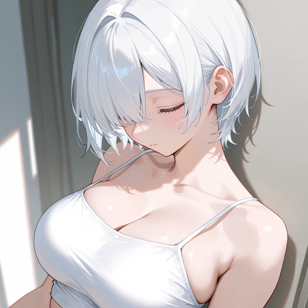 ((((masterpiece, best quality, high resolution)))), Extremely detailed 8K, Beautiful girl with voluptuous body, (Ultra HD, Ultra-detailed, Highly detailed, Highly realistic, Ultra-realistic, photograph realistic), (1girl:1.5), (Realistic white hair), short wavy hair, bob cut, (dynamic poses), facing at camera, light smile, parted lips, purple eyes, average breasts, (beautiful detailed face, beautiful detailed eyes), thin white tank top, black shorts, glow, sweat, (sunbeam, sunlight)