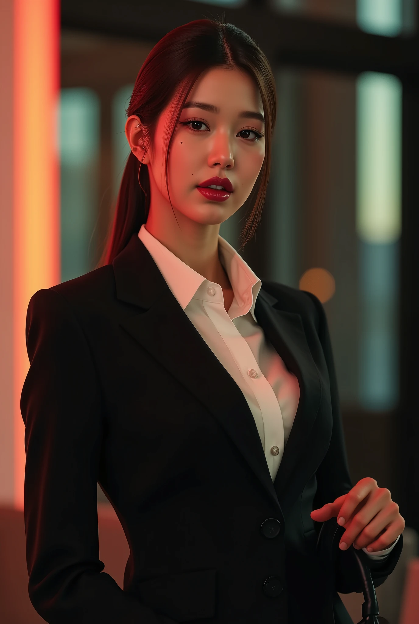 a beautiful secretary lady, hair tied up, wearing a business dress and high heels, (best quality,4k,8k,highres,masterpiece:1.2),ultra-detailed,(realistic,photorealistic,photo-realistic:1.37),detailed eyes,detailed lips,extremely detailed face,long eyelashes,studio lighting,vivid colors,high contrast,dramatic lighting,cinematic composition