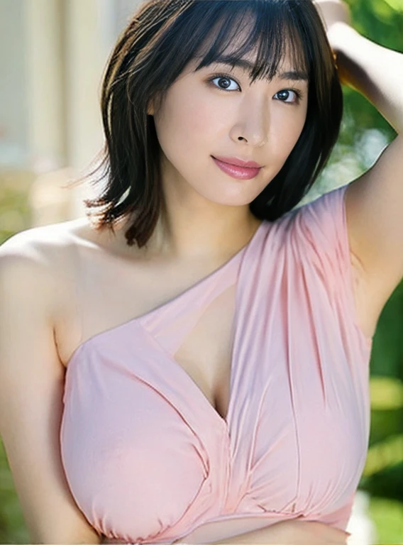 (Best Quality, 8k, 32k, Masterpiece, UHD: 1.2), Cute Japan Woman Photos, Black Short Hair, Beautiful Face, (Slouch: 1.3), Squatting, (From Top: 1.2), (Close-Up: 1.4), POV, Loose T-shirt, Big Breasts, (Beautiful Nipple Slip: 0.9), Outdoor, Wind, Glossy Skin, Blurry Background, Necklace, Earrings