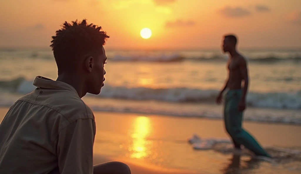 A black teenager covered in semen, while masturbating and cumming, on the sand