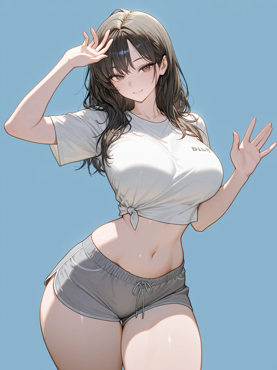 (best quality, masterpiece:1.2), Sketch full view of a hot looking fair skin 29 year old woman standing in front of us. She has brown eyes and long straight black hair. She has big breasts, playful smile. She has a nice curvy physique. She is wearing a crop top and lowrider shorts. Underboob showing. Apartment background. Shading. Lighting. Dynamic pose.