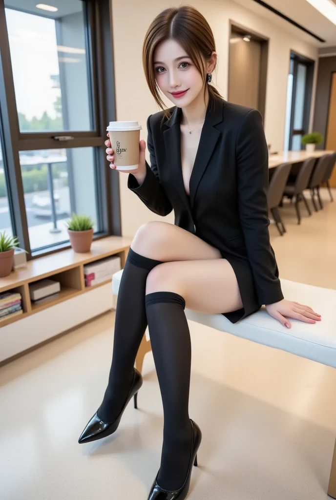 dressed stylishly,A woman with a hot figure wearing glasses and holding Erlang's legs,Elegant coffee in the café,The picture is ambiguous and sultry