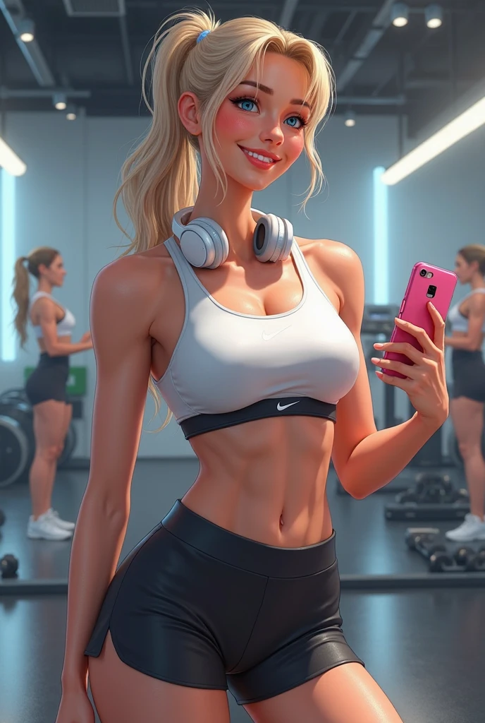 blonde girl, very beautiful, realistic, cat ear, good shape, little mischievous smile, at the gym in leggings, by rubio, He takes a photo with his phone in front of a mirror
