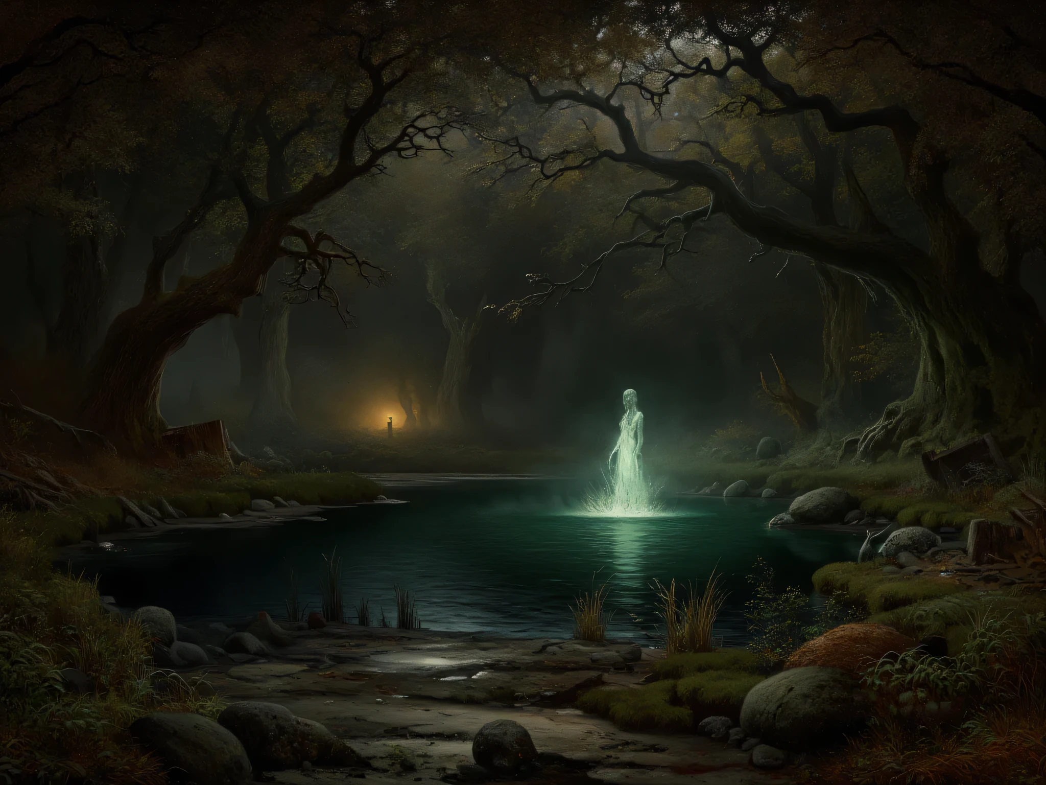 high quality, 8K Ultra HD, realistic, life like realism, a serene and gothic scene of a pond in the middle of a forest blocking the sunrays, the theme is dark fantasy