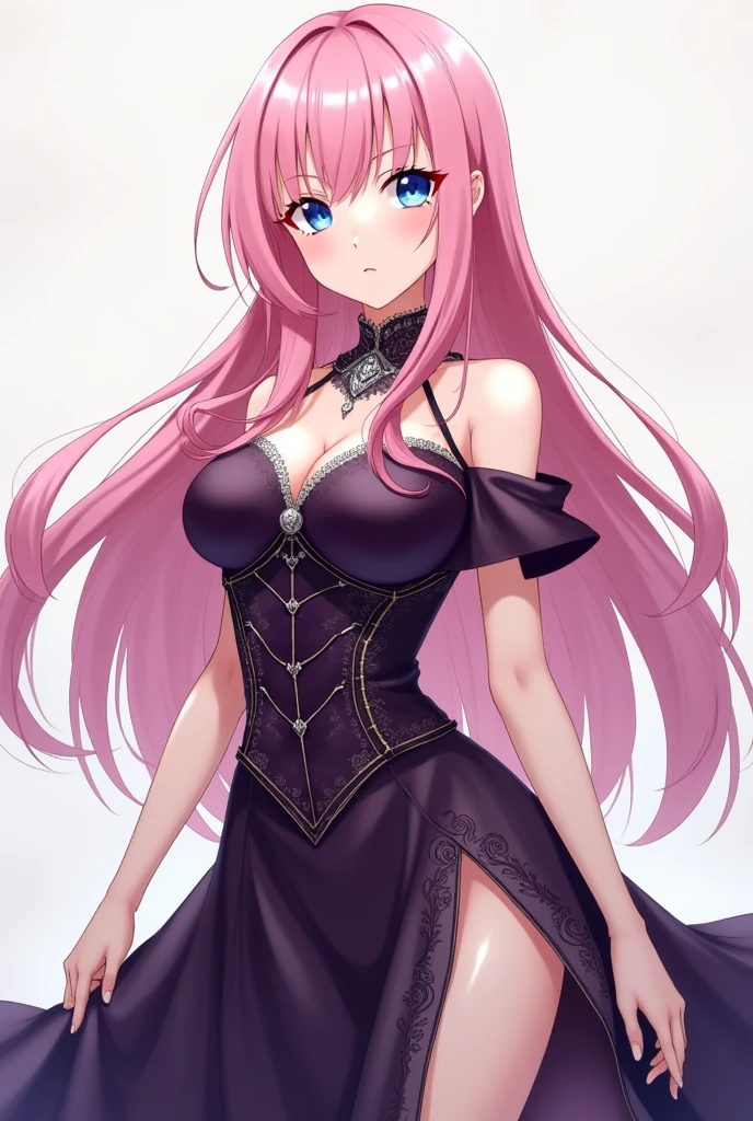 1girl, anime, cute girl, blank background, white background, fantasy, detailed fantasy dress with highlights, beautiful face, beautiful eyes, dark colors, pink hair with some streaks of blue strands, different color pupil in eye, medium small breasts (slightly big), slight cleavage, beautiful skin, cute, breast curtains, extremely delicate and beautiful, (beautiful detailed face:1.0), (detailed deep eyes), symmetrical breasts, deep eyes, shiny skin, portrait, slender waist, hips wider than shoulders, thighs, expressionless, young girl, luminous eyes, adorable,(Kpop idol),(aegyo sal:1),(Platinum blonde hair:1),((puffy eye)),Black panty,sexy posture,Superskirt, ultra high resolution,Black collar,slim figure, Abdominal y tattoo, womb tattoo,Tight-fitting leg ring,y tattoo on half-body,Bare skin, Armored hand,Hidden fingertips,Hand covered,Arm covered,Fist covered,{{beautiful detailed fingers}}, tufts of hair, moderate beautiful breast:1.0,