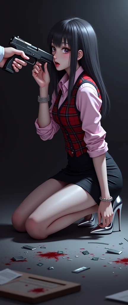 masterpiece, best quality, (jirai_kei),1girl, solo, long_hair, looking_at_viewer, shirt, black_hair, long_sleeves, bow, ribbon, twintails, sitting, monochrome, hair_bow, heart, pantyhose, frills, food, shoes, choker, blunt_bangs, black_skirt, pink_eyes, stuffed_toy, pink_background, stuffed_animal, frilled_skirt, pink_bow, (fishnets), candy, bandaid, pink_shirt, teddy_bear, lollipop, (fishnet_pantyhose), platform_footwear, pink_theme, pill, heart-shaped pupils,