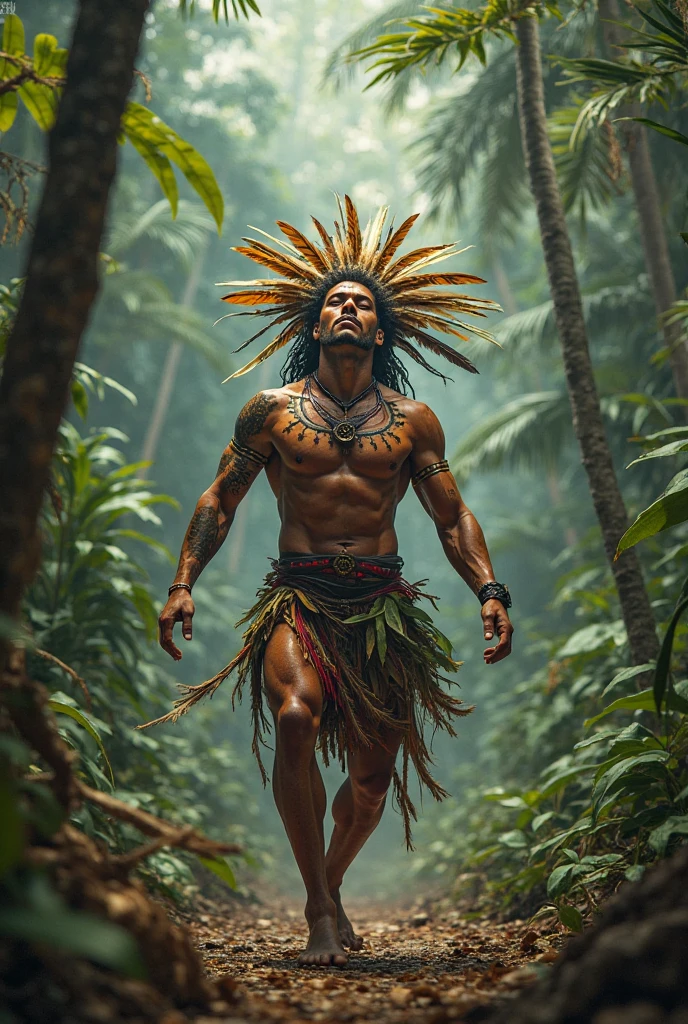 (((indigenous man))) best qualityer, very high resolution, Detailed CG in 4K, work of art, Amazon Brazil, Indigenous, Indigenous tribes, Indigenous city, forst, aesthetics, Beautiful picture, centered on screen, whole body