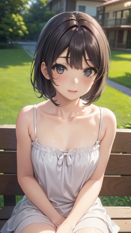 ((Masterpiece)), ((best quality)), (Anime:1.4), (super detail:1.2), (High Definition:1.3), (Professional Photography:1.3), (wide shot), (sharp focus), (perfect light), ((12 years old)), 8K, Glossy skin, cinematic lighting, 1girl, (Knit fabric tank top), (Cute innocent teenage girl), slendar body, small breast, glossy medium hair, (loose blunt bangs), ((:3)), open mouth, fang out, (naughty smile), beautiful collarbones, (slightly exposed shoulders), (put on Cat ears), pale brown hair, BREAK, ((best quality)), wide shot, (holding my knees:1.4), ((in colorful Hydrangeas flowers)), summerday, Beautiful Horizon Background,